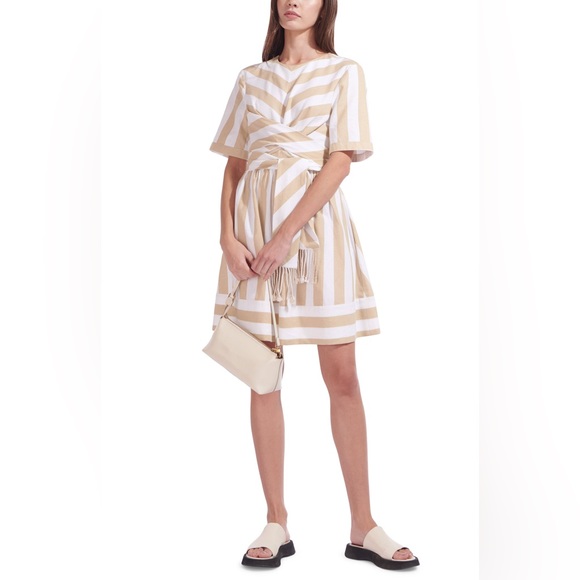 STAUD Hazelnut Stripe York Mini Dress With Pockets & Wrap Detail. Size XS. - Picture 10 of 16